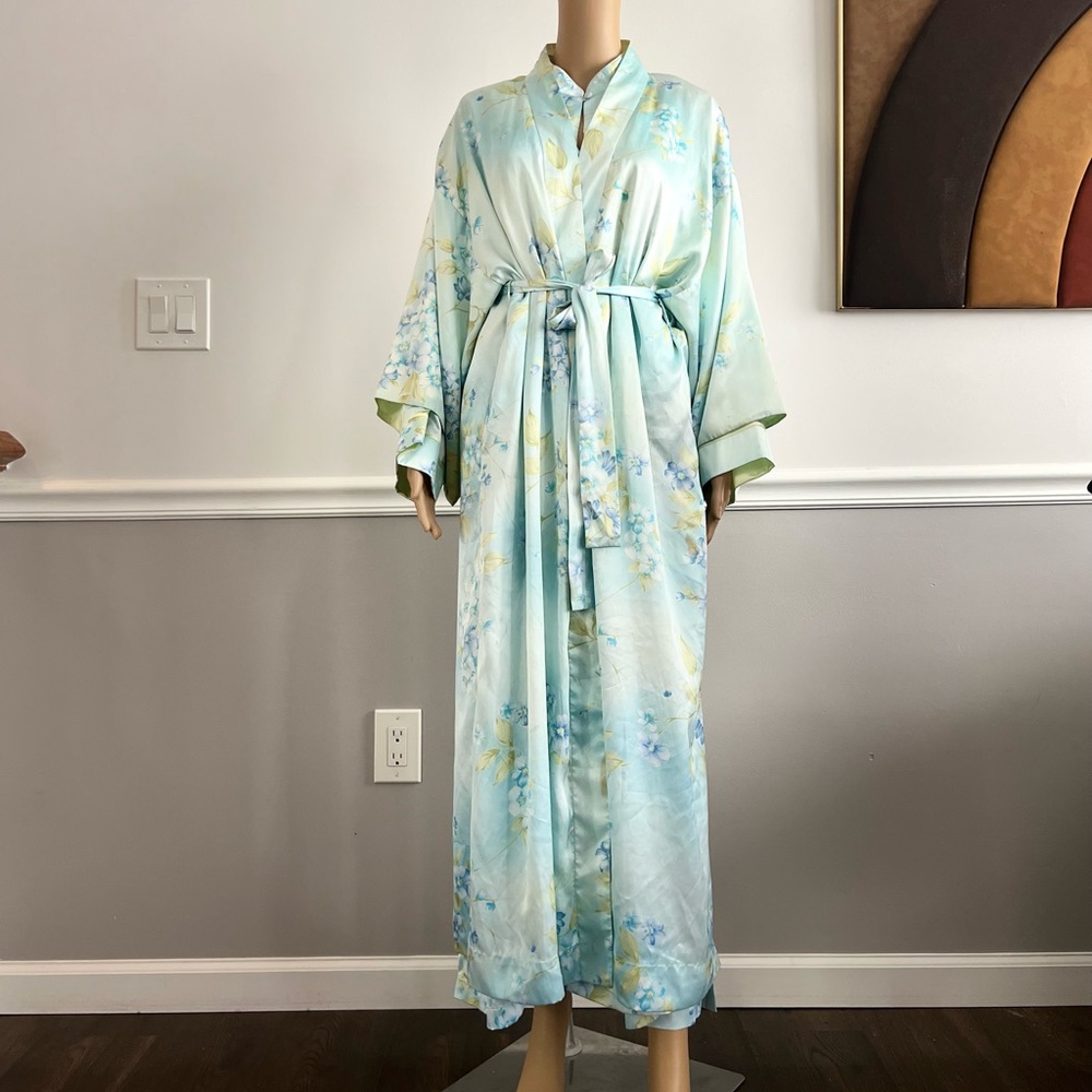 Oscar De La Renta Sz L Satin Long Sleeve Nightgown and Kimono Robe Set